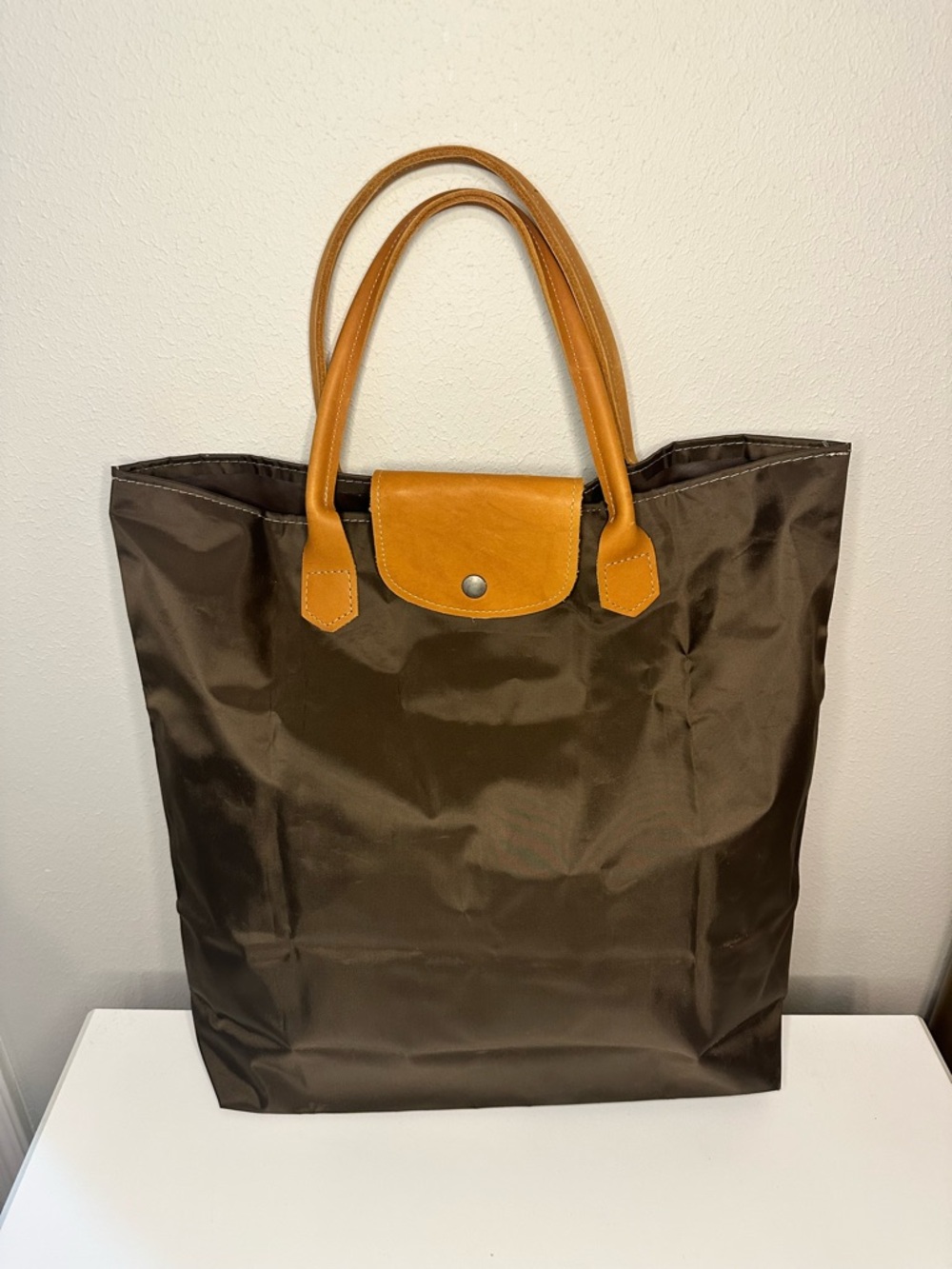 Classic Brown Blokecore Nylon Foldable Tote Bag with Tan Leather Handles